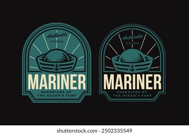 Gráfico del logotipo de la insignia del sombrero marino para la identidad de marca de la compañía naviera de la marina. Gorra marinera o colección con el logo del emblema del sombrero para viajes náuticos y aventuras. Logotipo retro de la insignia del sombrero de barco de la marina