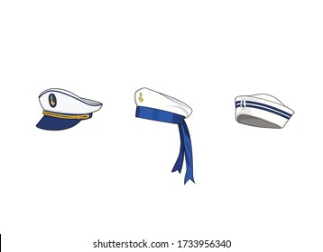 Marine Hat Set. Sea Forces Captain Cap, Sailor Hat. Boat Crew Uniform. Vector Graphic Illustration Isolated