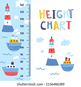 Marine height chart with ships and lighthouse. Doodle baby wall ruler with sea transport and beacon.