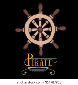 Marine helm wheel with sample typography. Hand drawing symbol haelm. Laybel for sea ship, marine equipment, captain
