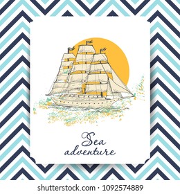 Marine Holidays cards with ship. Vector illustration for your design
