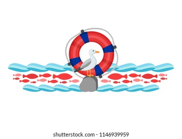 Marine horizontal border summer design, seagull on stone, life buoy, waves, fish, bright element for logotype, banner, header, post card, game, app, travel guide leaflet, surface print, web template.