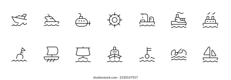 Ícone marinho. navio de carga, transporte marítimo, petroleiro, ilustração vetorial. linear Editável Traço. Linha, sólido, linha plana, estilo fino e adequado para página da Web, aplicativo móvel, UI, design UX.