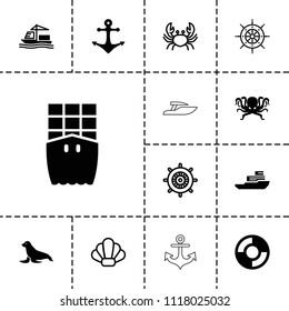 Marine icon. collection of 13 marine filled and outline icons such as cargo ship, lifebuoy, anchor, boat, crab, helm, shell, octopus. editable marine icons for web and mobile.