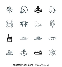 Marine icon. collection of 16 marine outline icons such as octopus, ship, helm, anchor, boat, extinct sea creature, extinct fish. editable marine icons for web and mobile.