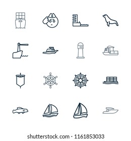 Marine icon. collection of 16 marine outline icons such as seal, soldier emot, sailboat, helm, cargo ship, ship, harbor, lighthouse. editable marine icons for web and mobile.