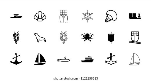 Marine icon. collection of 18 marine filled and outline icons such as octopus, anchor, boat, sail, crab, seal, cargo ship, shell. editable marine icons for web and mobile.