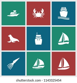 Marine icon. collection of 9 marine filled icons such as crab, sailboat, cargo ship, ship, extinct sea creature. editable marine icons for web and mobile.
