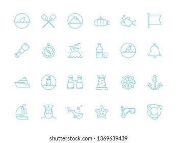 Marine icon. Nautical symbols sailing knot rope sea fish sailing boat ship vector thin pictures