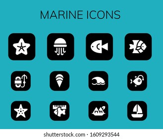 marine icon set. 12 filled marine icons.  Simple modern icons such as: Starfish, Rope, Jellyfish, Clam, Fish, Wave, Seaweed, Anglerfish, Sailboat
