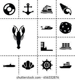 Marine icon. set of 13 filled marine icons such as crab, helm, boat, cargo ship, harbor, lifebuoy, anchor, shell, extinct sea creature