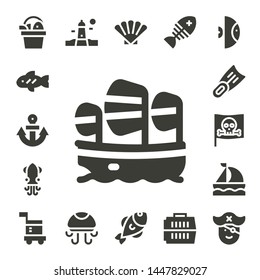 marine icon set. 17 filled marine icons.  Collection Of - Fish, Anchor, Sailboat, Squid, Fins, Pirate, Carrier, Lighthouse, Jellyfish, Shell