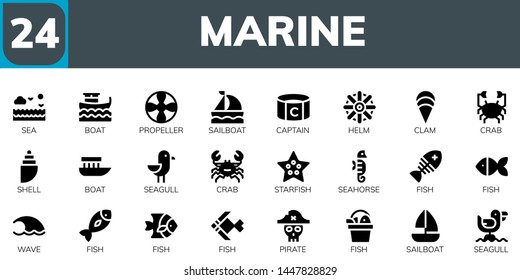 marine icon set. 24 filled marine icons.  Collection Of - Sea, Boat, Propeller, Sailboat, Captain, Helm, Clam, Crab, Shell, Seagull, Starfish, Seahorse, Fish, Wave, Pirate