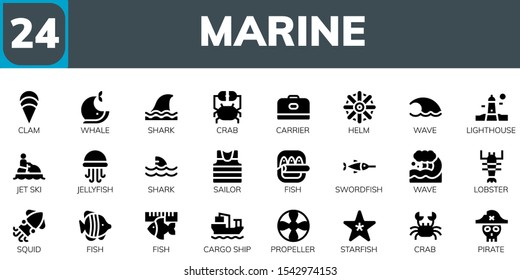 marine icon set. 24 filled marine icons.  Simple modern icons about  - Clam, Whale, Shark, Crab, Carrier, Helm, Wave, Lighthouse, Jet ski, Jellyfish, Sailor, Fish, Swordfish, Lobster