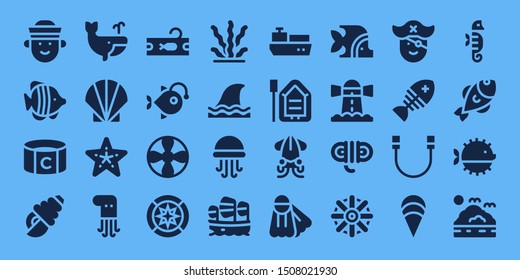 marine icon set. 32 filled marine icons. on blue background style Simple modern icons about  - Sailor, Fish, Captain, Seashell, Whale, Starfish, Octopus, Tuna, Anglerfish, Propeller