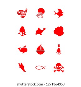 marine icon set about jellyfish, sea pearl, diving and whale vector set