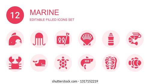 marine icon set. Collection of 12 filled marine icons included Dolphin, Jellyfish, Sardines, Shell, Lighthouse, Crab, Whale, Tortoise, Shark, Salmon, Shrimp, Clown fish