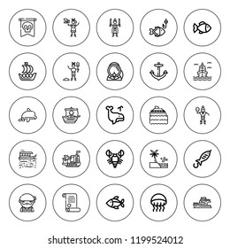 Marine icon set. collection of 25 outline marine icons with anchor, aqualung, boat, cargo ship, fish, dolphin, galleon, medusa, lobster, pirates, pirate icons. editable icons.