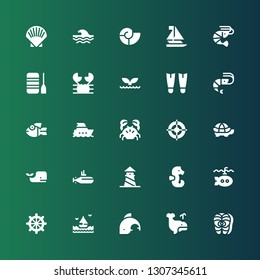 marine icon set. Collection of 25 filled marine icons included Salmon, Whale, Dolphin, Sea, Helm, Submarine, Seahorse, Lighthouse, Tortoise, Crab, Yacht, Fish, Shrimp, Fins, Boat