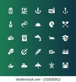 marine icon set. Collection of 25 filled marine icons included Crab, Tortoise, Manta ray, Yacht, Paper boat, Cargo ship, Fish, Anchor, Pirate, Dolphin, Binding, Oar, Seashell