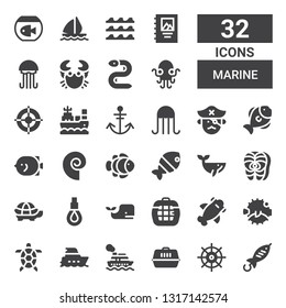 marine icon set. Collection of 32 filled marine icons included Fish, Helm, Carrier, Cruise, Yacht, Tortoise, Blowfish, Shark, Whale, Rope, Salmon, Clown fish, Seashell, Pirate