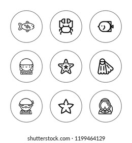 Marine icon set. collection of 9 outline marine icons with aqualung, crab, fish, fins, pirate icons. editable icons.