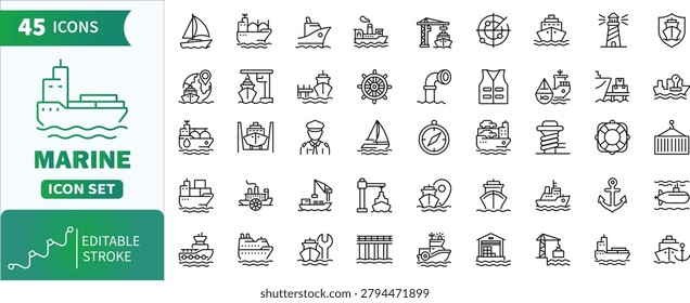 Marine icon set with editable stroke.Collection of marine, shipping, and nautical concepts