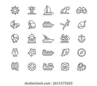 Marine Icon Set. Nautical, Water, Sea waves, Tsunami, Sunset. Editable Stroke