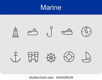 Marine icon set with outline style.Editable vector. Isolated.deck,ship,compass,anchor,submarine,