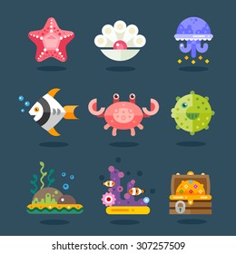 Marine Icon Set. Residents Of Sea Fauna, Underwater Life. Fish, Starfish, Jellyfish, Chest Of Gold, Algae And Attributes. Vector Flat Illustration