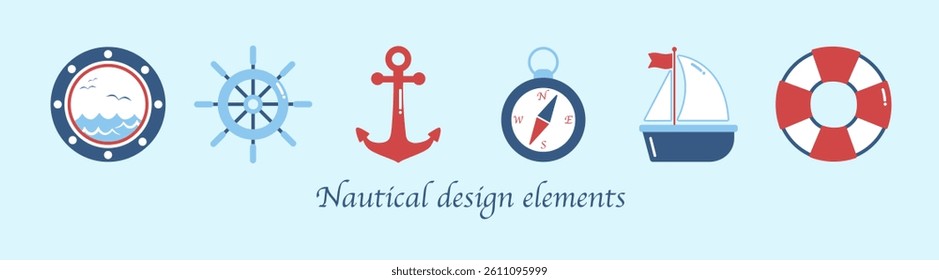 Marine icon set. Sea and nautical design elements, banner marine design with sailing boat shell and anchor. Vector set.
