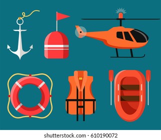 Marine Icon Set Of Sea Safety, Rescue Equipment. Vector Illustration In Modern Flat Design.