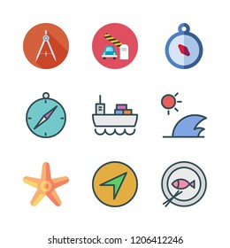 marine icon set. vector set about cargo ship, waves, starfish and fish icons set.