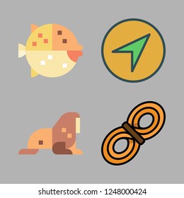 marine icon set. vector set about compass, walrus, puffer fish and rope icons set.