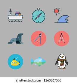 marine icon set. vector set about compass, waves, submarine and penguin icons set.