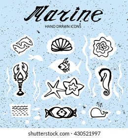 Marine icons hand drawn vector collection, grunge background