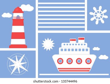 marine icons - lighthouse, boat, compass and rudder on blue background