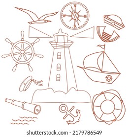 Marine icons line. Icons lighthouse, seagull, capless, sailboat, lifebuoy, telescope, compass. Vector