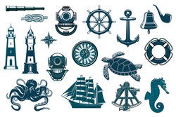 Marine Icons, Nautical Seafaring And Sailing Vector Vintage Symbols. Ship Anchor And Helm, Captain Smoking Pipe And Sailor Rope Knot, Octopus, Seahorse And Turtle, Lighthouse And Compass Sextant