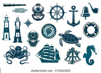 Marine icons, nautical seafaring and sailing vector vintage symbols. Ship anchor and helm, captain smoking pipe and sailor rope knot, octopus, seahorse and turtle, lighthouse and compass sextant