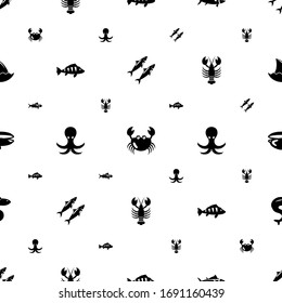 marine icons pattern seamless. Included editable filled sardine, crab, tuna, perch, octopus, lobster, oyster, eel, shark fin icons. marine icons for web and mobile.