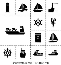Marine icons. set of 13 editable filled marine icons such as sailboat, helm, lighthouse, boat, crab