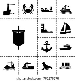 Marine icons. set of 13 editable filled marine icons such as sailboat, cargo ship, harbor, lighthouse, boat, sail, crab, seal