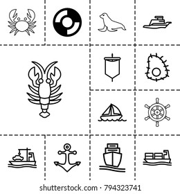 Marine icons. set of 13 editable outline marine icons such as lifebuoy, cargo ship, ship, boat, anchor, extinct sea creature, sail, crab, seal