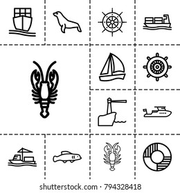 Marine icons. set of 13 editable outline marine icons such as crab, seal, helm, boat, sailboat, cargo ship, lifebuoy, lighthouse