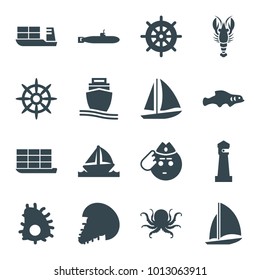 Marine icons. set of 16 editable filled marine icons such as octopus, lighthouse, helm, soldier emot, cargo ship, boat, extinct sea creature, extinct fish, submarine, crab