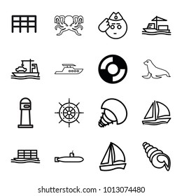 Marine icons. set of 16 editable outline marine icons such as lifebuoy, soldier emot, sailboat, cargo ship, helm, shell, extinct sea creature, submarine, octopus, seal