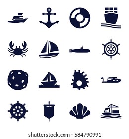 marine icons set. Set of 16 marine filled icons such as crab, helm, boat, cargo ship, ship, lifebuoy, anchor, sailboat, shell, extinct sea creature, sail