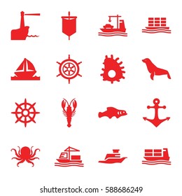 marine icons set. Set of 16 marine filled icons such as octopus, crab, seal, helm, cargo ship, ship, boat, anchor, lighthouse, extinct sea creature, extinct fish