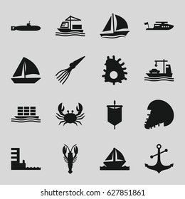 Marine icons set. set of 16 marine filled icons such as crab, boat, sailboat, anchor, cargo ship, harbor, extinct sea creature, sail